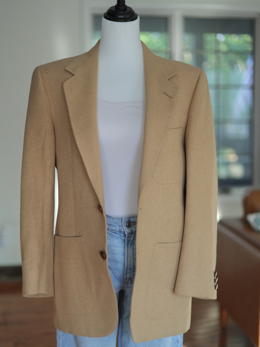VTG Bill Blass Camel Hair Blazer Jacket Mens Tan PBM Patch Pockets Sport Coat